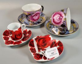 Pair of Finecasa porcelain rose design coffee cans and saucers together with a pair of USSR rose