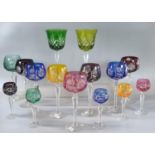 Collection of coloured flash cut Hock and liqueur glasses. (15) (B.P. 21% + VAT)
