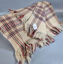 Vintage woollen cream ground blanket or carthen with check design and fringed edge. (B.P. 21% + VAT)