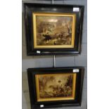 Pair of convex glass crystoleums depicting figures in woodland settings. 23x27cm approx. Ebonised
