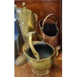 Collection of copper and brass to include: coal scuttles, companion set in the form of a boot
