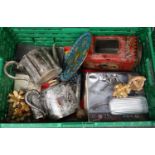 Box of assorted items to include: Victorian silver plated teapot and milk jug, two boxed Atlas