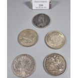 Five silver Crowns dated 1890, 1899, 1935 and 1937 together with an Austrian Maria Theresa Thaler