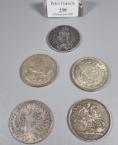 Five silver Crowns dated 1890, 1899, 1935 and 1937 together with an Austrian Maria Theresa Thaler