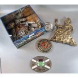 Box of assorted Automobilia items including: brass Britannia with lion, Albion Chieftan enamelled