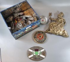 Box of assorted Automobilia items including: brass Britannia with lion, Albion Chieftan enamelled
