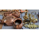 Two trays of metalware to include; copper kettles and a small copper cauldron, brass weights,