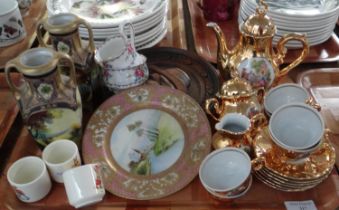 Tray of mostly china to include: continental gold lustre part coffee set, Royal Doulton bunnykins