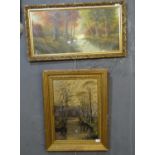 J Prothero, Sylvan stream with swans, one signed dated 1928. Oils on canvas. Framed. (2) (B.P. 21% +