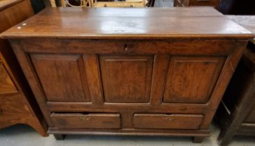 18th century oak Coffer, the moulded top above three fielded panels with two fitted drawers standing