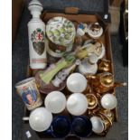 Box of china to include: Bond Ware fine china gold glazed miniature coffee set, commemorative mugs