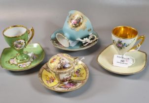 Collection of four continental porcelain cabinet cups and saucers: Limoges, Meissen design etc. (