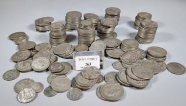 Collection of mainly silver coins to include: half crowns, florins etc. The bag weighing 82 troy