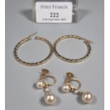 Pair of 9ct gold hoop earrings together with a pair of 9ct gold and probably pearl screw fit