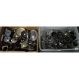 Two boxes of metalware to include: various pewter tankards, two handled sugar bowl, small dishes and