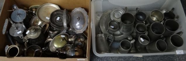 Two boxes of metalware to include: various pewter tankards, two handled sugar bowl, small dishes and