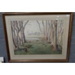 British School (20th century), pheasants, rabbits and a duck in a woodland clearing, watercolours.