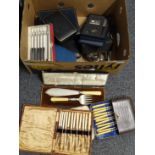 Box of metalware to include: various cased plated cutlery, cased serving set with silver collars,
