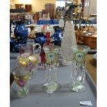 Tray of glassware to include: moulded glass claret jug with plated top, cranberry glass decanter