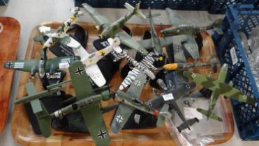 Collection of military/war aeroplanes on plastic stands to include: 'Arado Blitz', 'Focke Wlf'