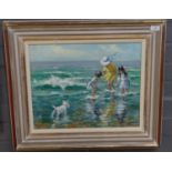Roy Petit (20th century), children playing in the sea, signed verso. Oils on board. 37x52cm