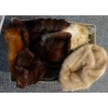 Box of assorted vintage fur items to include: mink fur and other hats, collars, tippets, offcuts