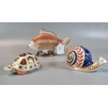 Three Royal Crown Derby bone china paperweights to include: Imari tortoise, Imari snail and study of