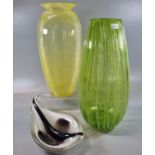 A hand blown glass acid green veined vase, probably made in Murano. 34cm high approx. Together
