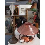 Brass table lamp base and a small copper desk lamp with Art Deco design pink stepped shade. (2) (B.
