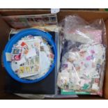 Box with all world selection of stamps and loose and large quantity of an end off paper stamps in