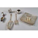 Bag of silver to include: square lid with Birmingham hallmarks, fork, Art Nouveau medicine spoon