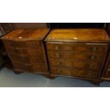 Reproduction mahogany serpentine design cock beaded chest of four drawers on bracket feet (77cm long