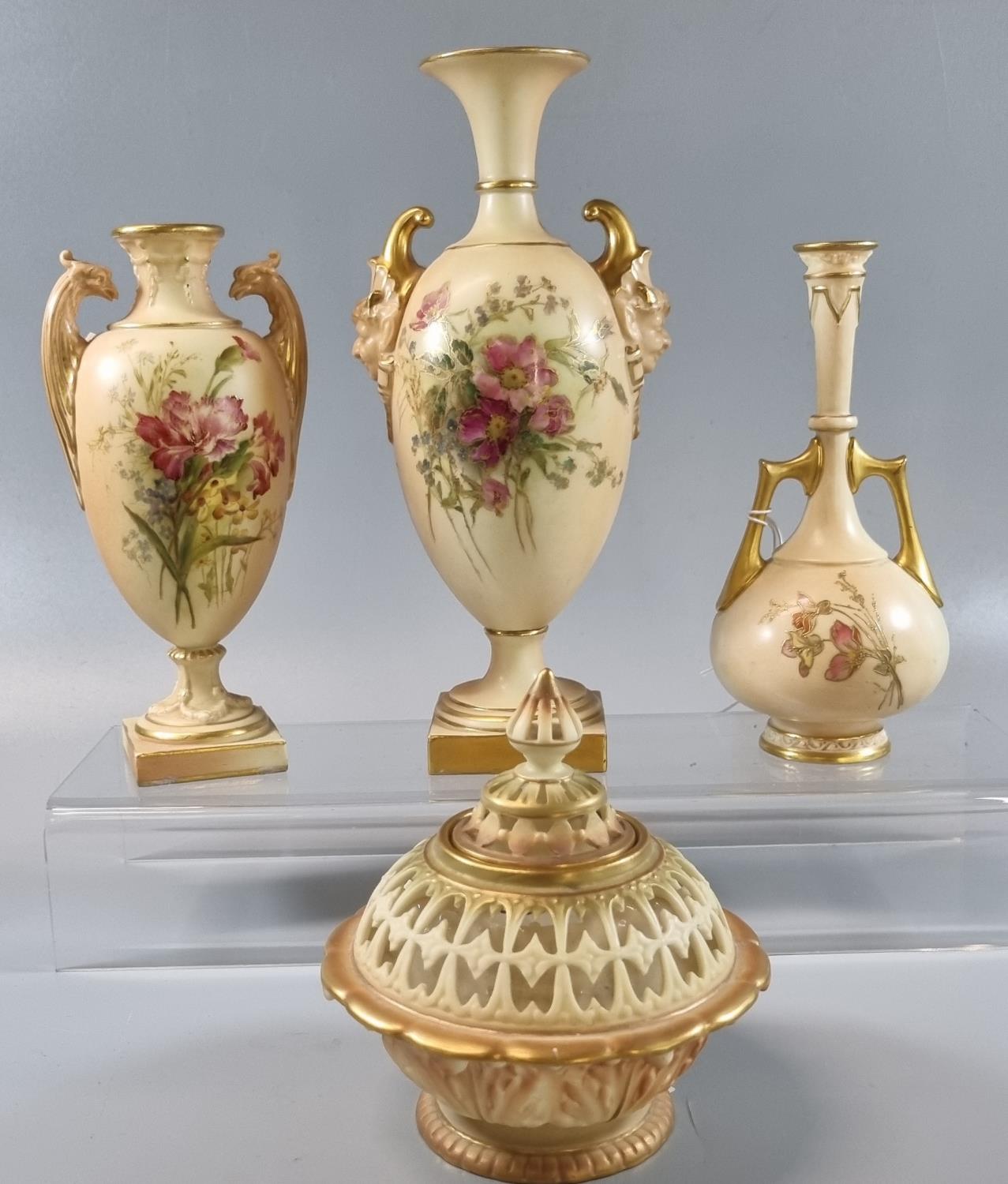 Collection of Worcester ivory blush porcelain items, mainly decorated with floral sprays and foliage