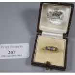 18ct gold Victorian five stone diamond and probably sapphire ring. Birmingham hallmarks. 3.6g