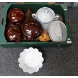 Box of mostly china to include: brown glazed earthenware lidded casserole dishes, ceramic duck