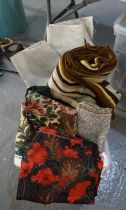 Box of bolts of fabric to include: Liberty poppy print cotton, Sackville floral upholstery fabric,