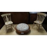 Victorian walnut upholstered circular footstool, together with two modern oak miniature apprentice