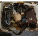 Box of assorted items to include: leather cased Agfa folding camera, glass cylinder with enamel