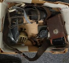 Box of assorted items to include: leather cased Agfa folding camera, glass cylinder with enamel