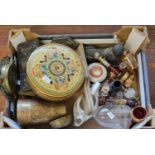 Tray of oddments to include: Venetian design scent bottles and stoppers, brass ashtray, Indian