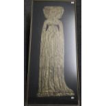 Large framed portrait brass rubbing of a medieval woman with dog. 134 x 56cm approx. Framed. (B.P.