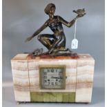 Art Deco French marble and onyx two train mantel clock, the face marked 'A Lagerre D'Or Rouen'