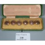 Set of 9ct gold mounted and mother of pearl gentleman's studs in original leather box. (B.P. 21% +