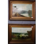 British School (early 20th Century), naive river scenes, a pair, oils on canvas. 35 x 52cm approx.