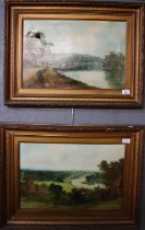 British School (early 20th Century), naive river scenes, a pair, oils on canvas. 35 x 52cm approx.