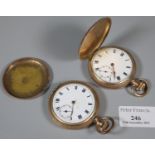 Dennison gold plated full hunter pocket watch. Together with another similar plated unmarked full