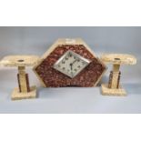 Art Deco marble geometric design clock garniture set with chrome and silvered face, probably French.