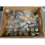 Box of metal and glassware to include: various dressing table items, decorative ships, cruet sets on