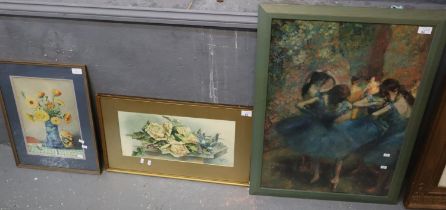Two still life studies of flowers, one signed Bettie, watercolours. Together with a furnishing print