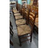Harlequin group of assorted rush seated ash framed ladder back chairs. (6+1) together with a 19th